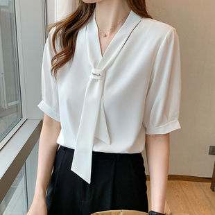 夏季女士雪纺衬衫通勤女装夏装2025年新款潮短袖上衣职业白色衬衣