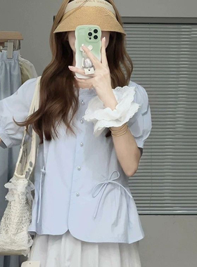 法式慵懒风蓝色泡泡袖衬衫女夏季2025新款小个子小众休闲短袖上衣