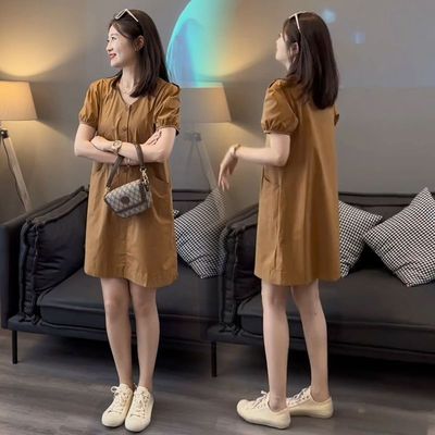 韩版小清新连衣裙V领松紧泡泡袖减龄夏季简约通勤直筒短裙爆款