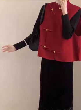 中式国风喜庆红色复古马甲女秋冬时尚高端外搭背心坎肩无袖上衣