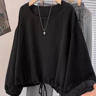 特大码 女胖mm宽松显瘦纯色慵懒上衣 300斤设计感抽绳收腰长T恤衫