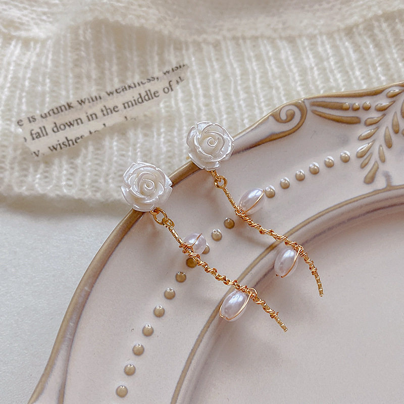 白色树脂花朵珍珠树叶金色枝干耳钉s925银针温柔气质山茶花耳饰女