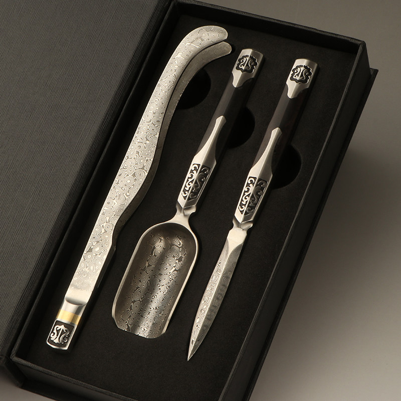 三件套大马士革普洱茶刀茶勺茶夹功夫茶道家用实木不锈钢茶具配件