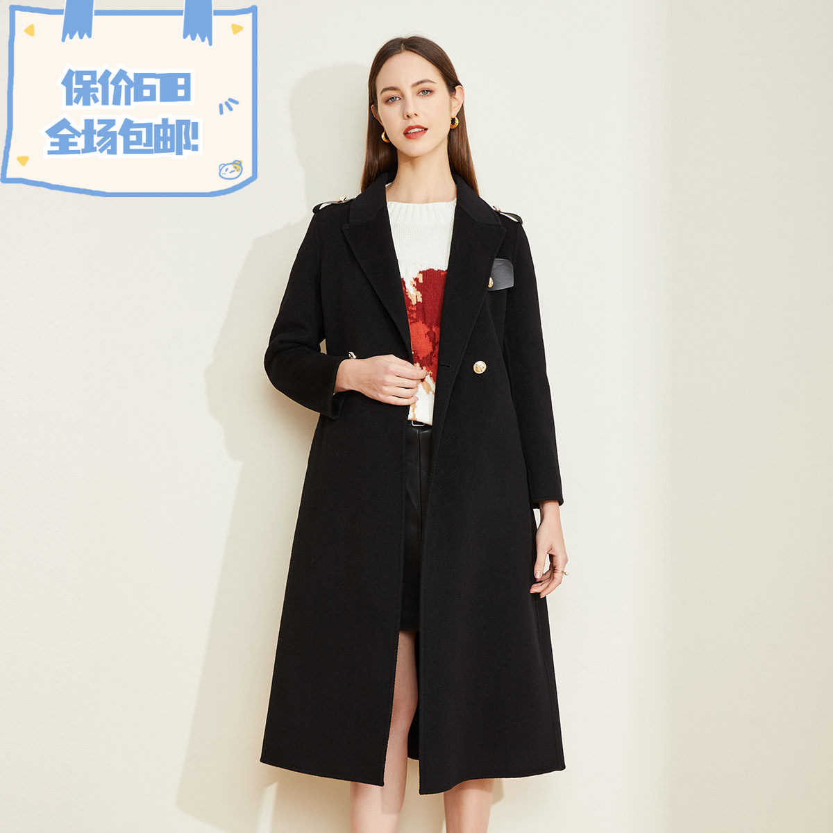 斯尔丽2021瑟俪秋冬新款街头风帅气肩章干练气质双面呢长款大衣女
