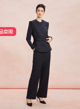 斯尔丽26新款小香风圆领马甲外套+打底衫+直筒长裤免搭配三件套装
