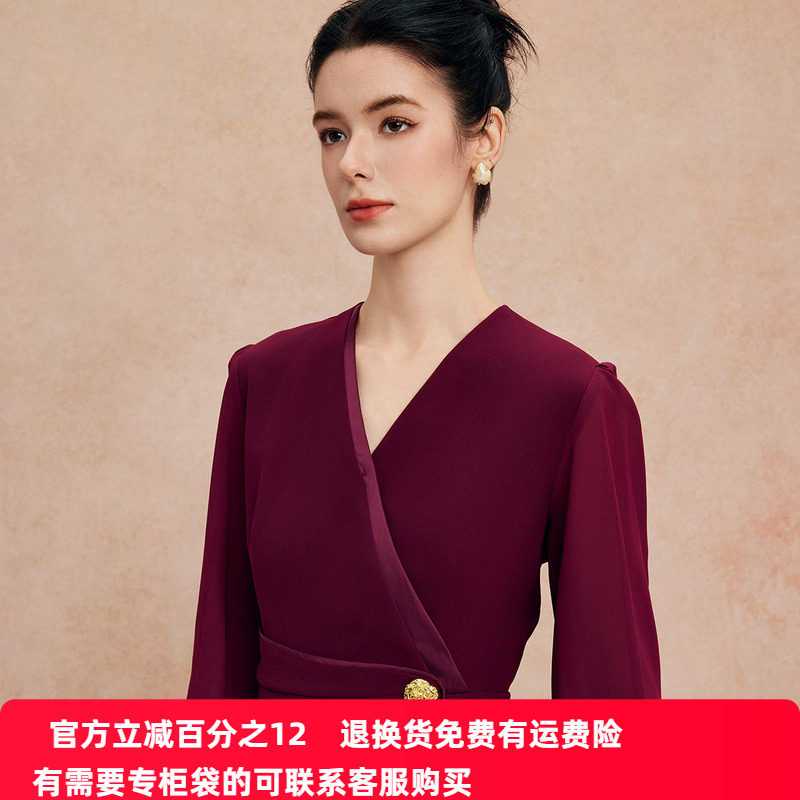 斯尔丽2025新款宴会小礼服V型领收腰放摆鱼尾裙优雅知性连衣裙