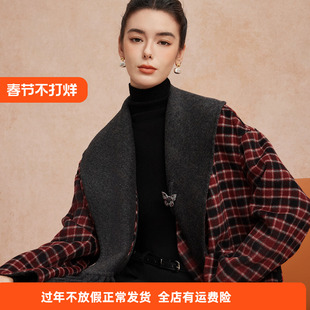 斯尔丽25新款双面格子宽松流苏大翻领时尚大衣外套