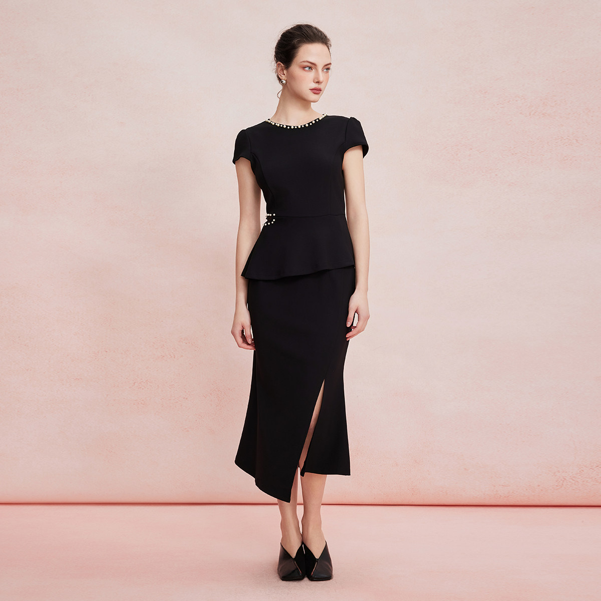 斯尔丽2026夏季新款韩式职业套装式假两件鱼尾开叉裙轻奢连衣裙图片