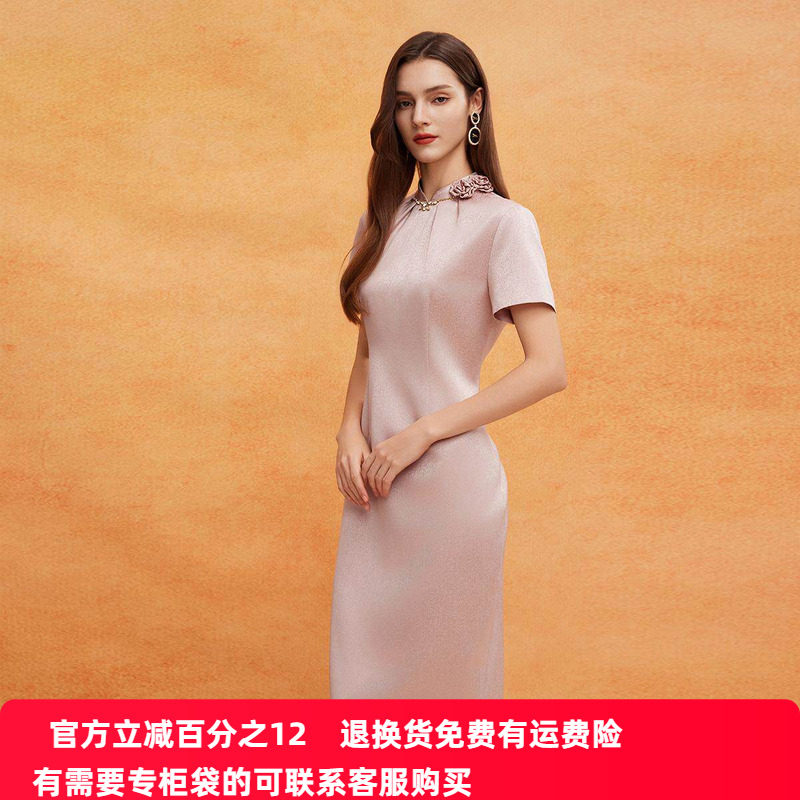 斯尔丽2025新款轻礼服商场同款宴会大气高端手工盘玫瑰花连衣裙