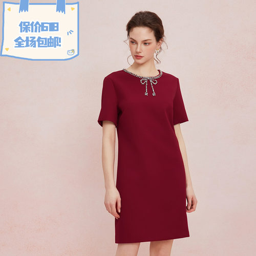 斯尔丽2025新款宴会小礼服直身款显瘦显高精致钉珠优雅连衣裙