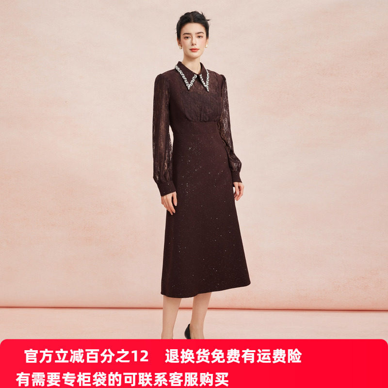 斯尔丽26新款法式复古蕾丝拼接修身装饰性领子高级小礼服连衣裙