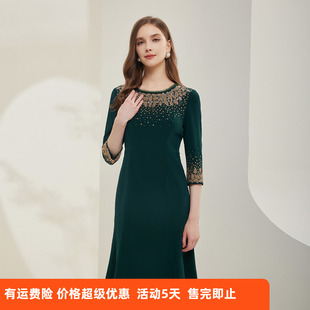 斯尔丽商场同款秋圆领奢华收腰鱼尾造型礼服款中袖连衣裙