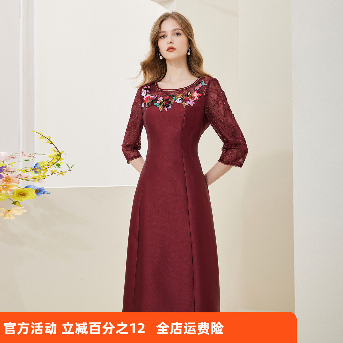 斯尔丽春季新款圆领修身A摆贴花小礼服裙A摆中长连衣裙