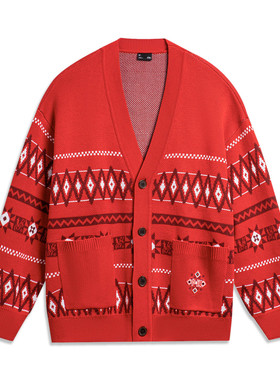 李宁毛衣开衫男秋冬运动生活时尚潮流休闲宽松红色编织衫AMBT249