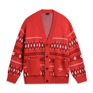 AMBT249 潮流休闲宽松红色编织衫 李宁毛衣开衫 男秋冬运动生活时尚