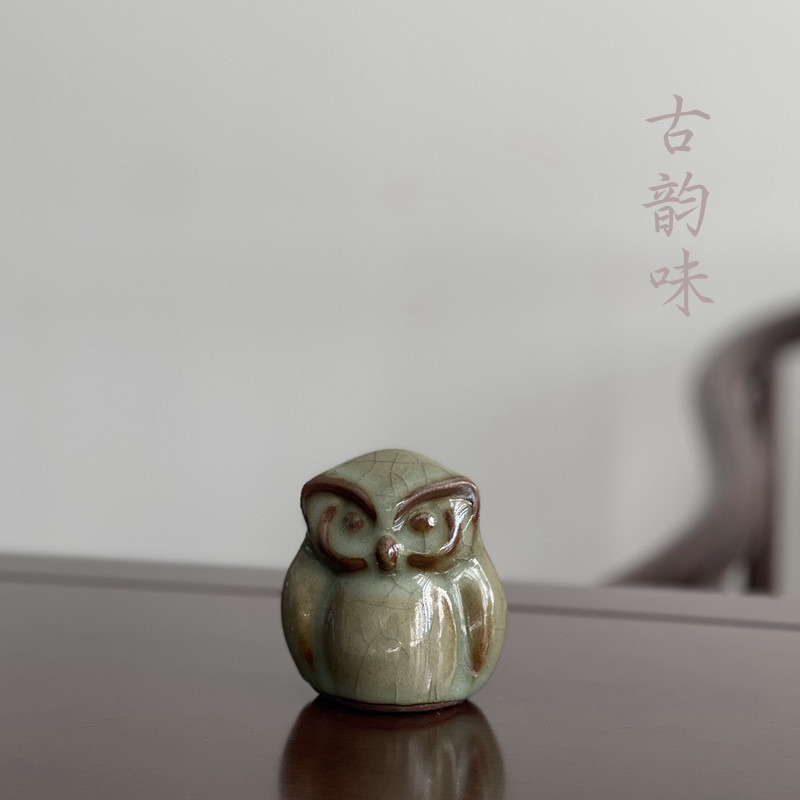 龙泉窑青瓷国营上垟瓷器文革瓷柴烧陶瓷铁胎猫头鹰茶道配件茶宠