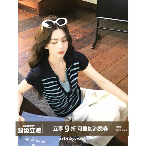 大于诗集 航海系条纹 假两件撞色条纹针织V领T恤女polo领马甲上衣