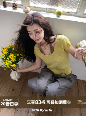 大于诗集 玩转色彩 假两件撞色挂脖针织短袖T恤女莱赛尔短款上衣