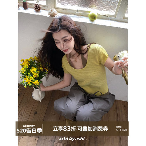 大于诗集 玩转色彩 假两件撞色挂脖针织短袖T恤女莱赛尔短款上衣