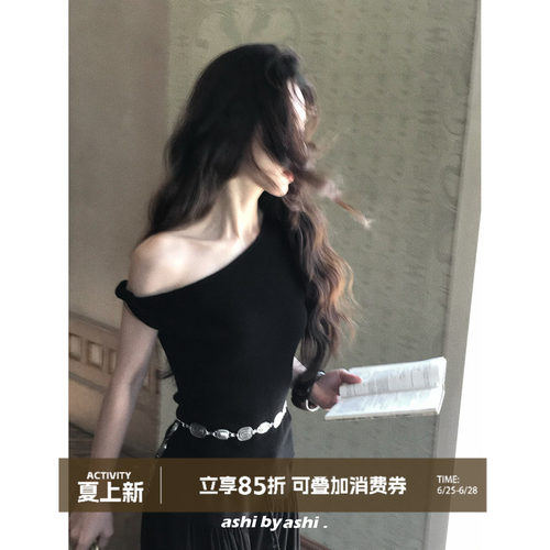 大于诗集 静谧午后 斜肩不对称扭结一字领露肩针织T恤纯欲风上衣