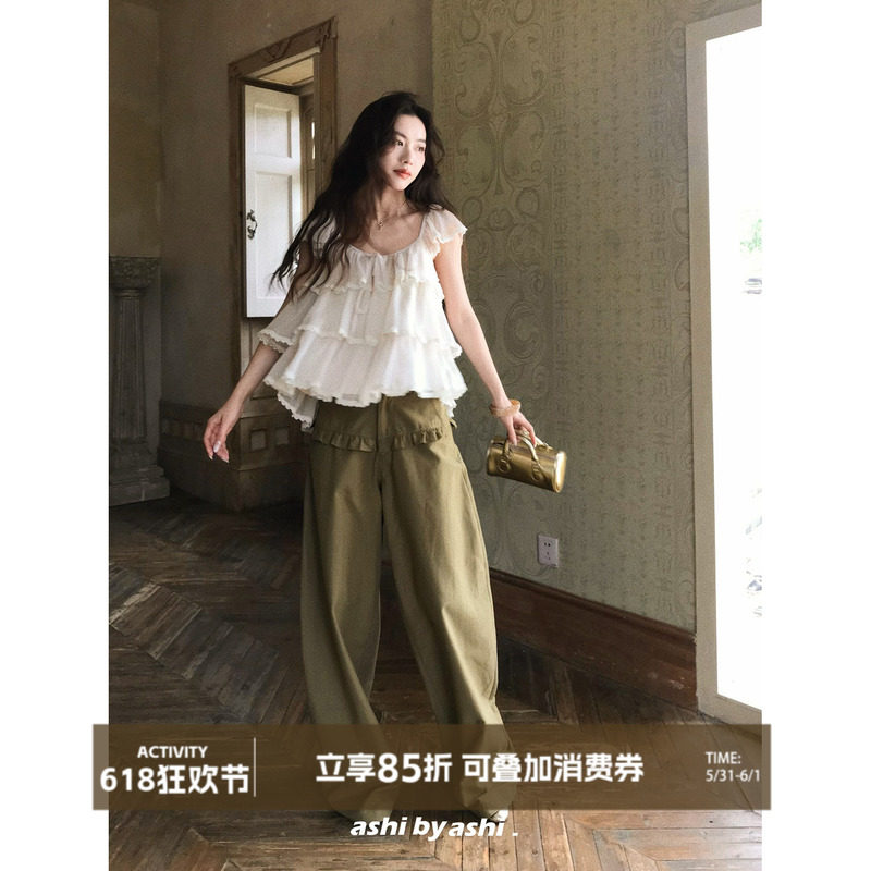大于诗集 街角日记 荷叶花边休闲裤女慵懒感高腰直筒显瘦阔腿裤夏