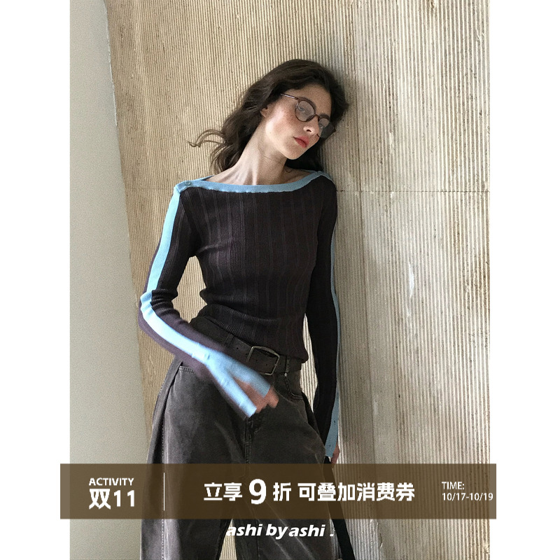大于诗集 高智感达人 撞色坑条一字肩开叉长袖修身打底针织衫上衣