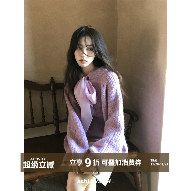 大于诗集 悄然心动8羊毛法式丝巾绑带正反两穿毛衣女设计感针织衫