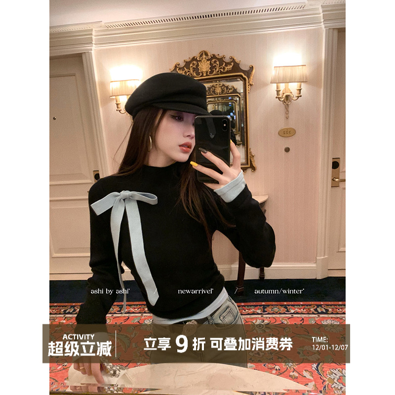 大于诗集 塞纳河左岸 撞色拼接假两件蝴蝶结半高领针织衫女上衣