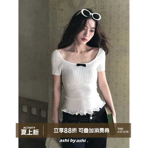 大于诗集 海派甜心 少女感绞花肌理蝴蝶结方领短款修身针织衫女夏