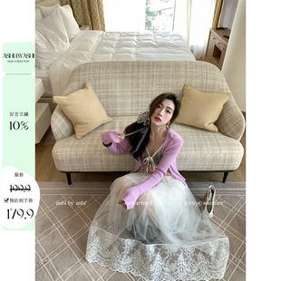 女拼接蕾丝上衣春 大于诗集 早春开场白 温柔V领修身 系带针织开衫