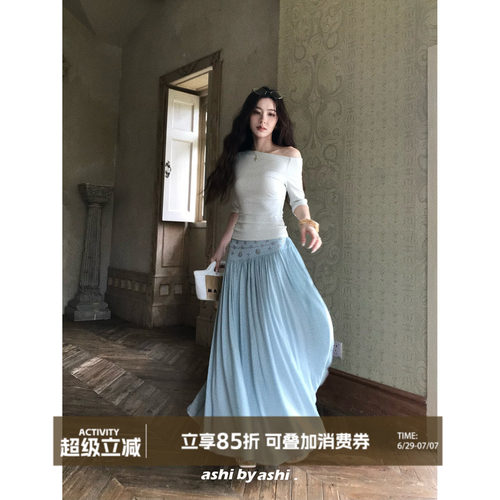 大于诗集 半香缇卡 度假风重工烫钻波嬉复古低腰A字半身长裙女夏