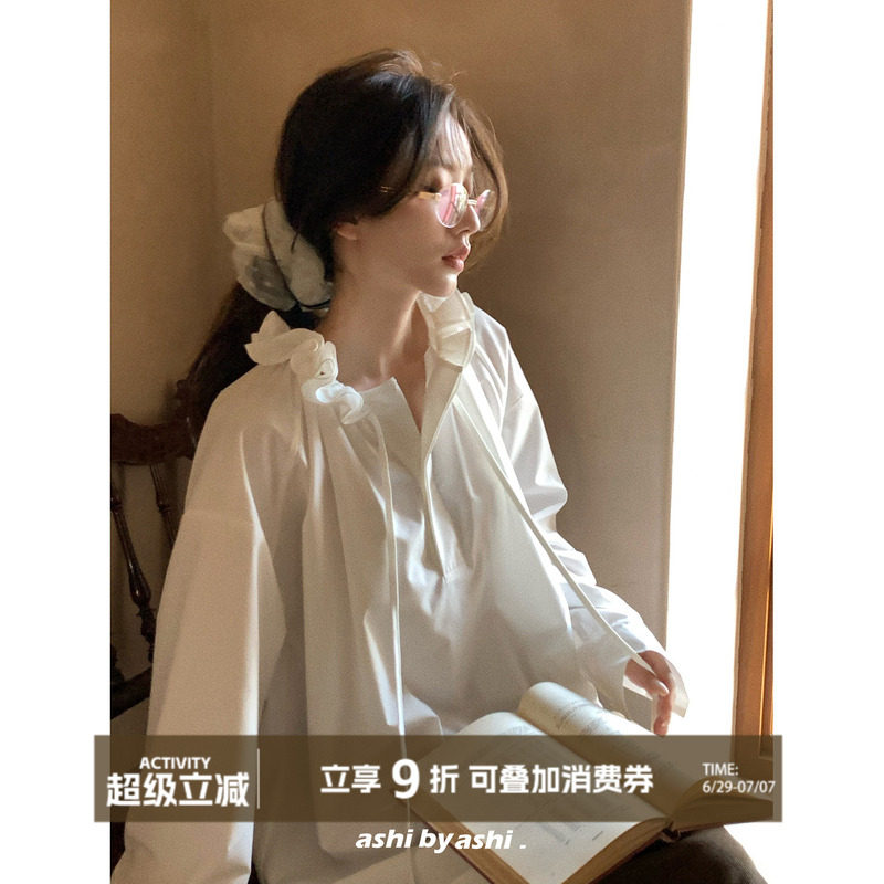 大于诗集 半岛情书 可拆拉夫领木耳边宽松显瘦垂感衬衫女廓形衬衣 - 实物图