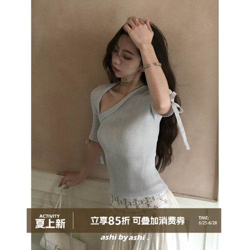 大于诗集 南国小调斜方领中袖设计感蝴蝶结小众百搭修身针织T恤夏