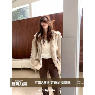 大于诗集 仿皮草皮毛一体拼接机车夹克女宽松加厚外套冬 巴斯奶兔