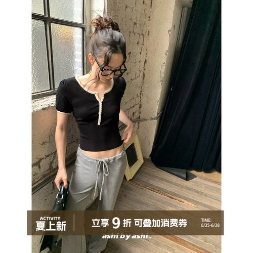 大于诗集 慢调生活 法式撞色花边泡泡袖针织衫女修身圆领短袖T恤