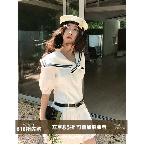 大于诗集 深海之歌 法式系带海军领泡泡袖连衣裙女收腰百褶裙夏季