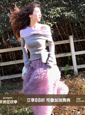 大于诗集 月光不及你 设计感蝴蝶结扭结假两件斜肩针织衫女上衣春