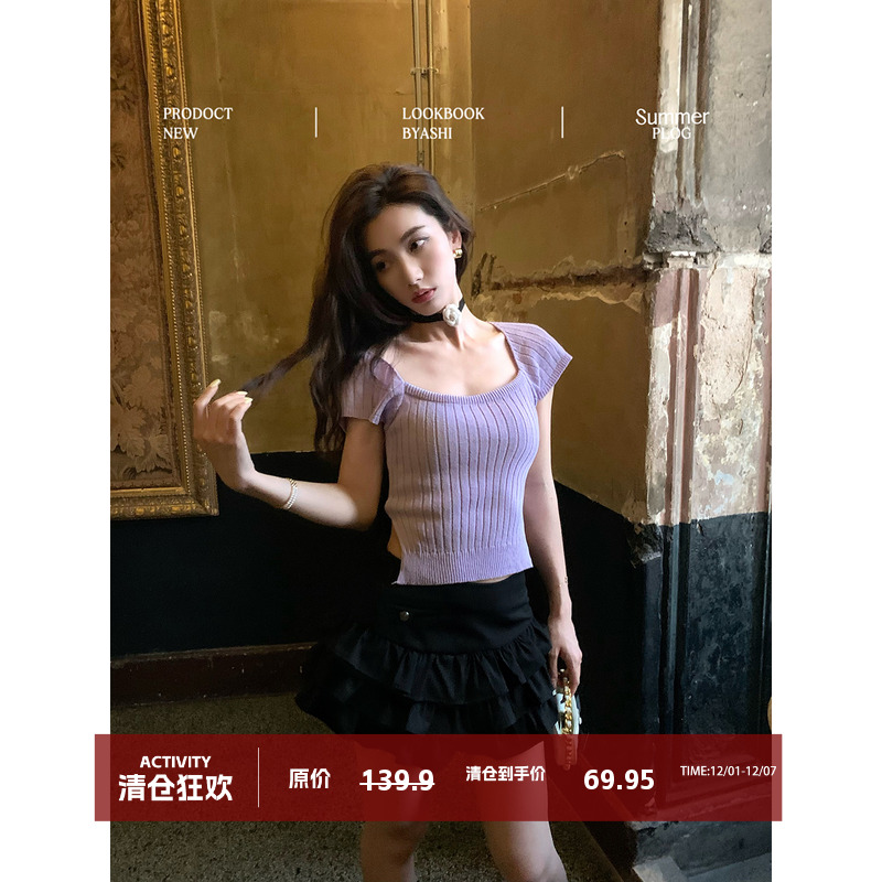 后背镂空绑带U领针织T恤法式短袖