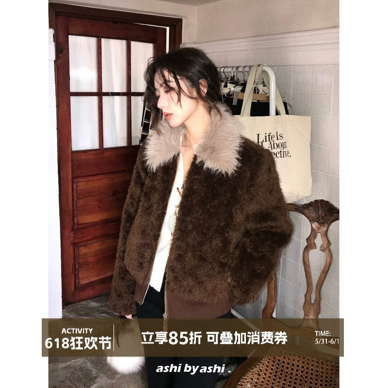 大于诗集 芙拉小姐 慵懒羊羔绒翻领拼接棉服女宽松休闲短外套冬