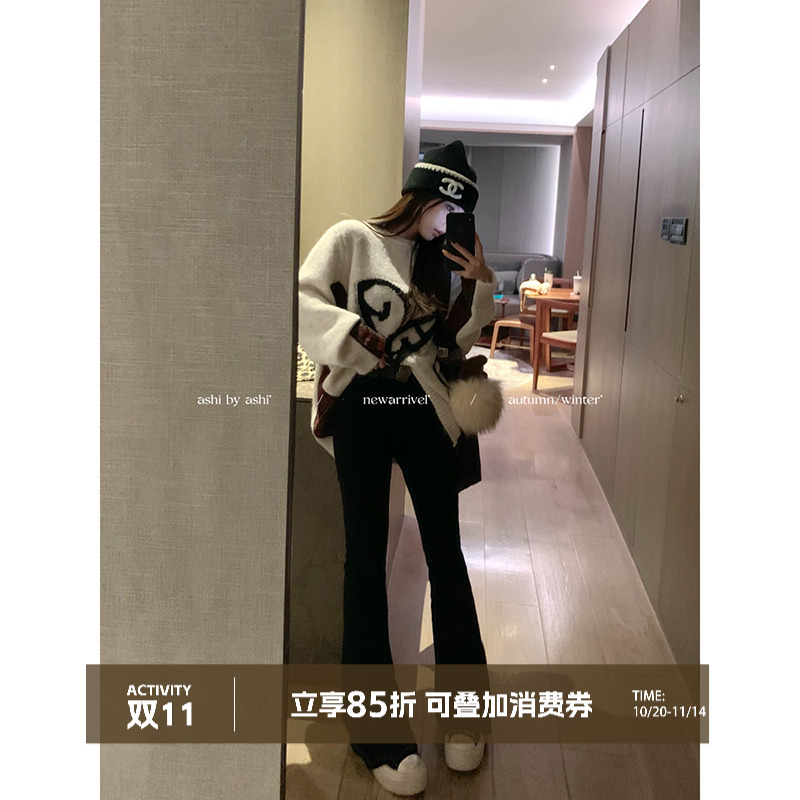 大于诗集 腿精的冬天 玫瑰腰带复古裤子高腰显瘦加绒微喇牛仔裤冬