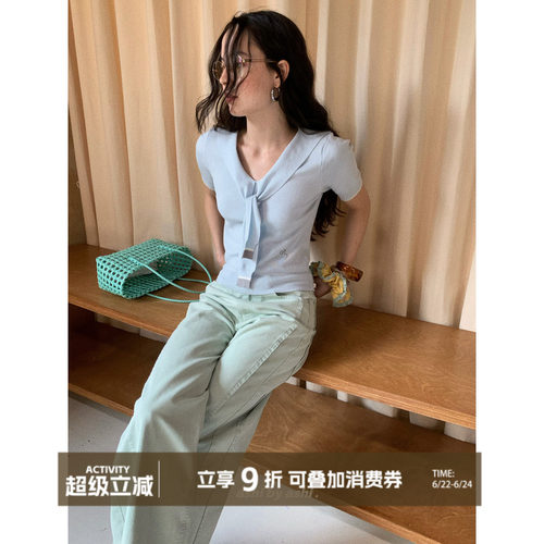 大于诗集 智性欧罗拉 海军领系带撞色修身针织衫女学院风短袖T恤