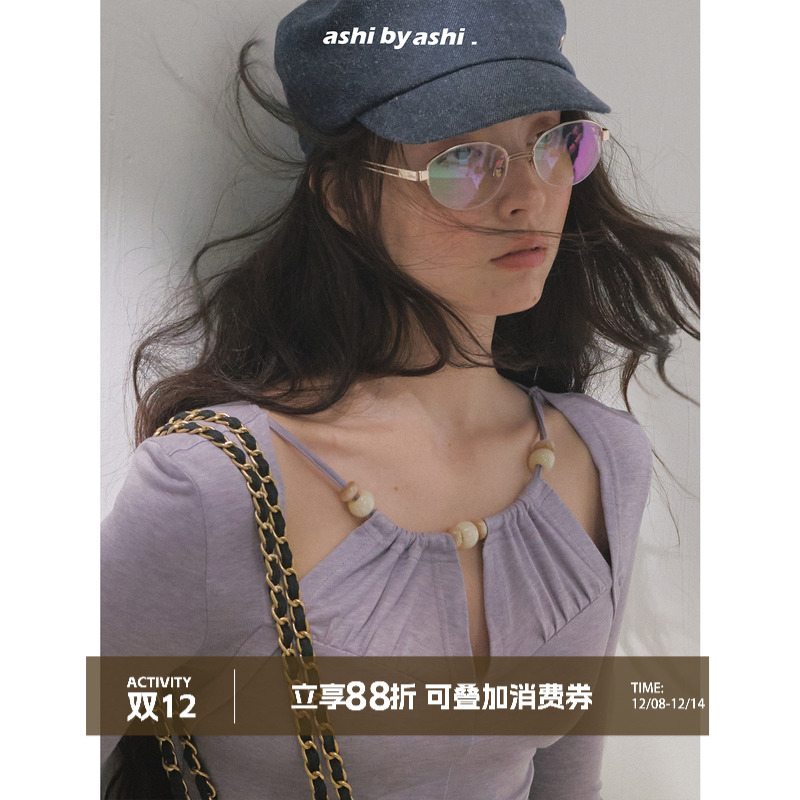 大于诗集 清冷疏离 早秋挂脖式假两件性感长袖T恤女修身显瘦上衣