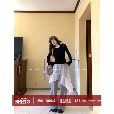 大于诗集 一帘幽梦 叠穿雪纺屁帘加绒休闲裤女不规则拼接喇叭裤冬