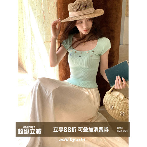 大于诗集 潮汐之歌 法式方圆领纽扣针织衫女修身显瘦短袖T恤夏季