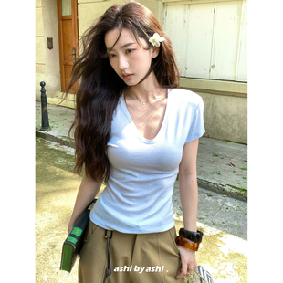 21点前七折 07新品 T恤 天丝羊毛V领正肩修身 短袖 面膜肌底液