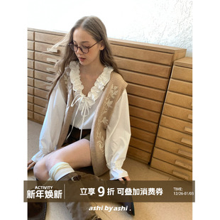 格子衬衣 木耳边蝴蝶结系带V领衬衫 大于诗集 本期bi入ashi私服法式