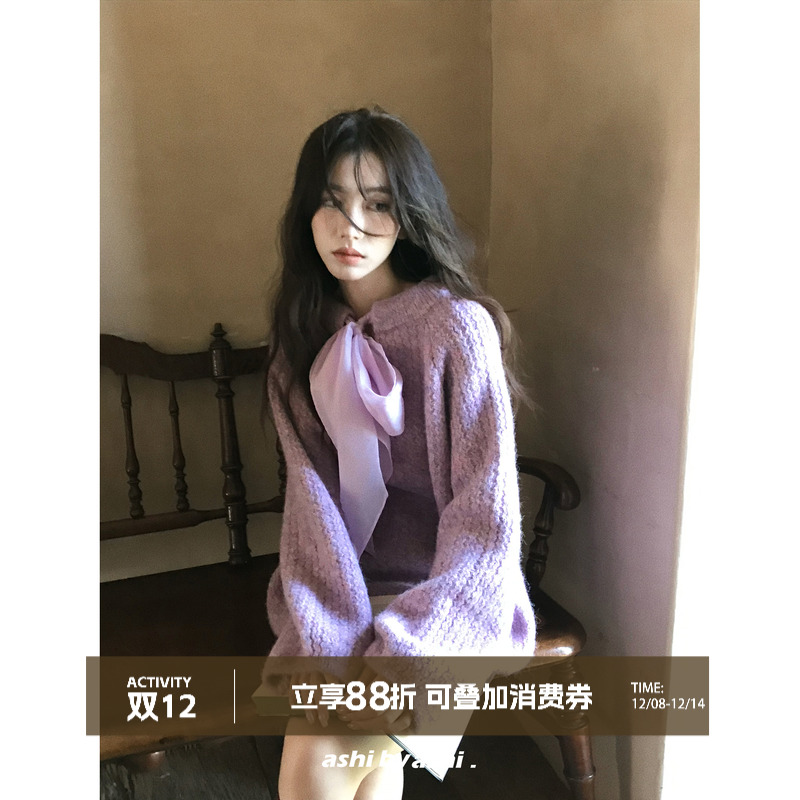 大于诗集 悄然心动8羊毛法式丝巾绑带正反两穿毛衣女设计感针织衫