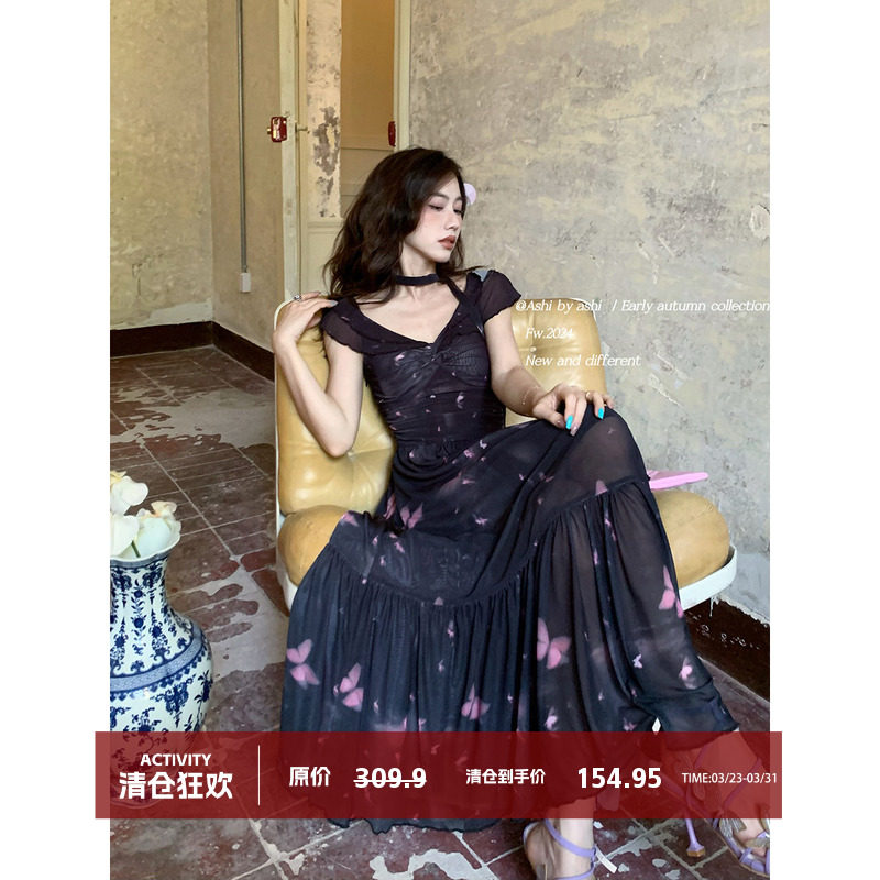 大于诗集 野餐日 一字肩不规则显瘦小众连衣裙法式复古蝴蝶结长裙