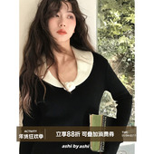 打底衫 大于诗集 复古6羊毛撞色V领玫瑰花针织衫 长袖 旧时画报 法式