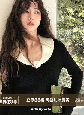 大于诗集 旧时画报 法式复古6羊毛撞色V领玫瑰花针织衫长袖打底衫